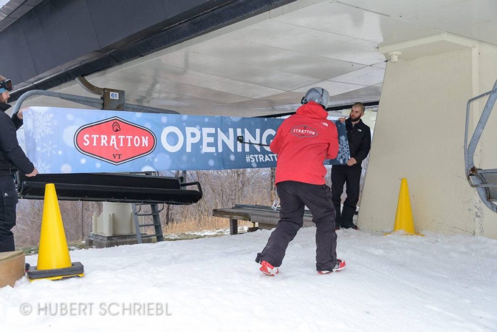 Banners by typestries help Stratton Resort promote opening day Sign